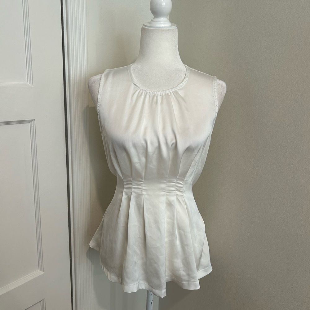 Mango Women's White Pleated Sleeveless Gathered Necklace Blouse With Waist Tie M
